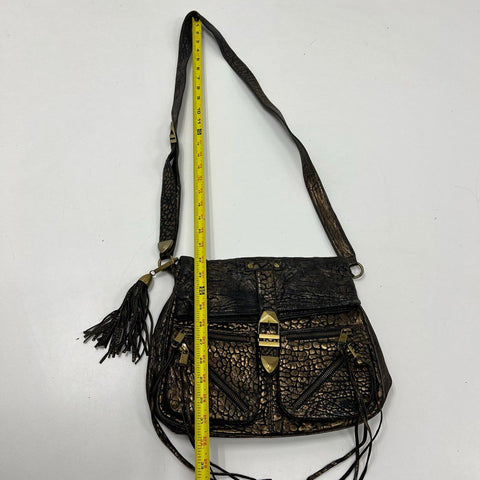 Rebecca Minkoff Copper Metallic Crackled Leather Flap Crossbody Bag Brass Tassel