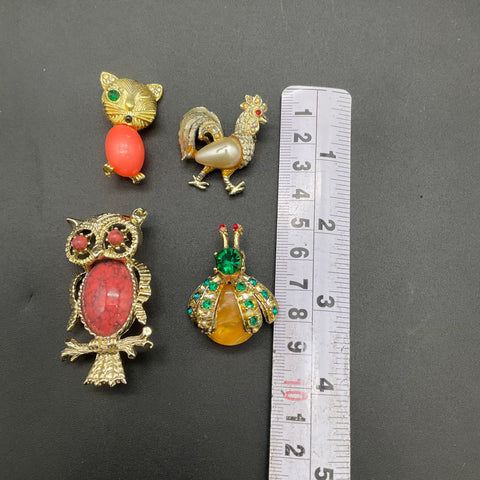 Vintage Costume Jewelry Animal Brooch Lot 4 Gerry's Owl Cat Rooster Insect