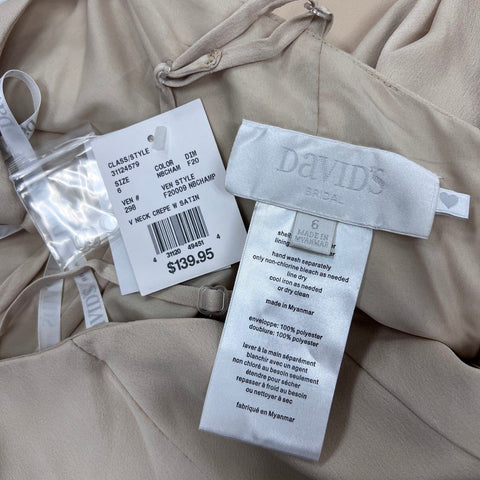 David's Bridal Women's Champagne V-Neck Crepe Satin Gown NWT Sz 6