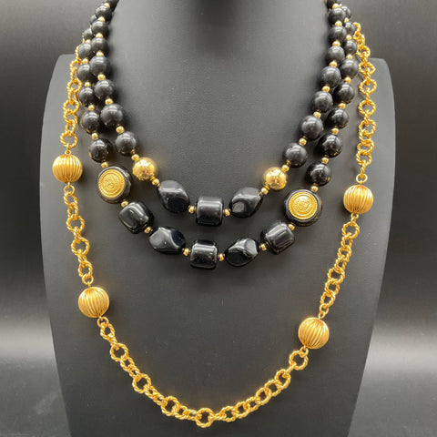 Vintage Liz Claiborne Necklace Lot (2) Gold Tone & Black Beaded Costume Jewelry