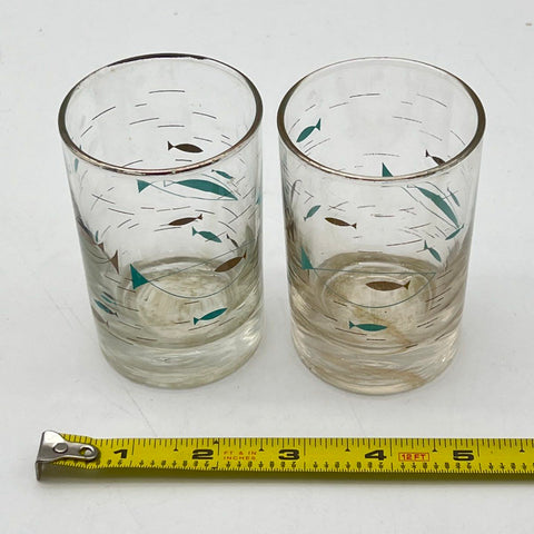 Mediterranean Fish Juice Glasses Set of 2 Teal Brown Silver Rim Vintage