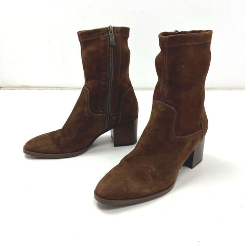 Aquatalia Faria Brown Suede Stretch Ankle Boots Block Heel Italy Size 8.5