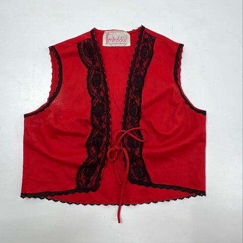 Vintage 70s Frederick's of Hollywood Red Black Lace Lingerie Vest Top Size S