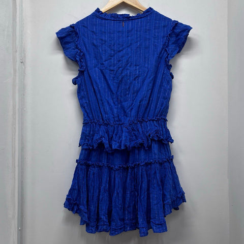 Misa Los Angeles Women's Blue Metallic Pinstripe Tiered Ruffle Mini Dress Sz S