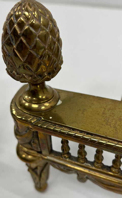 Antique Federal Revival Brass Andirons Fire Dogs Pineapple Finial Pair
