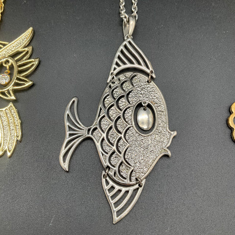 Vintage Animal Costume Jewelry Lot of 3 Owl Fish Monkey Pendants Necklaces