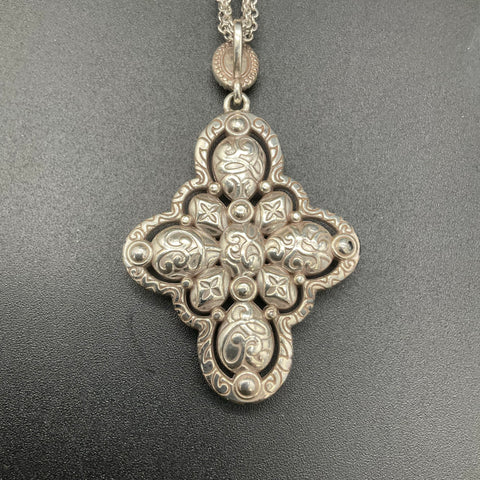 Brighton Nadia Cross Necklace Silver Tone Blue Gold Cabochon Pendant Scrollwork