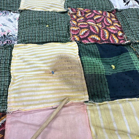 Vintage Scrappy Patchwork Puff Quilt Hand Tied Biscuit Blanket 50x58 Novelty