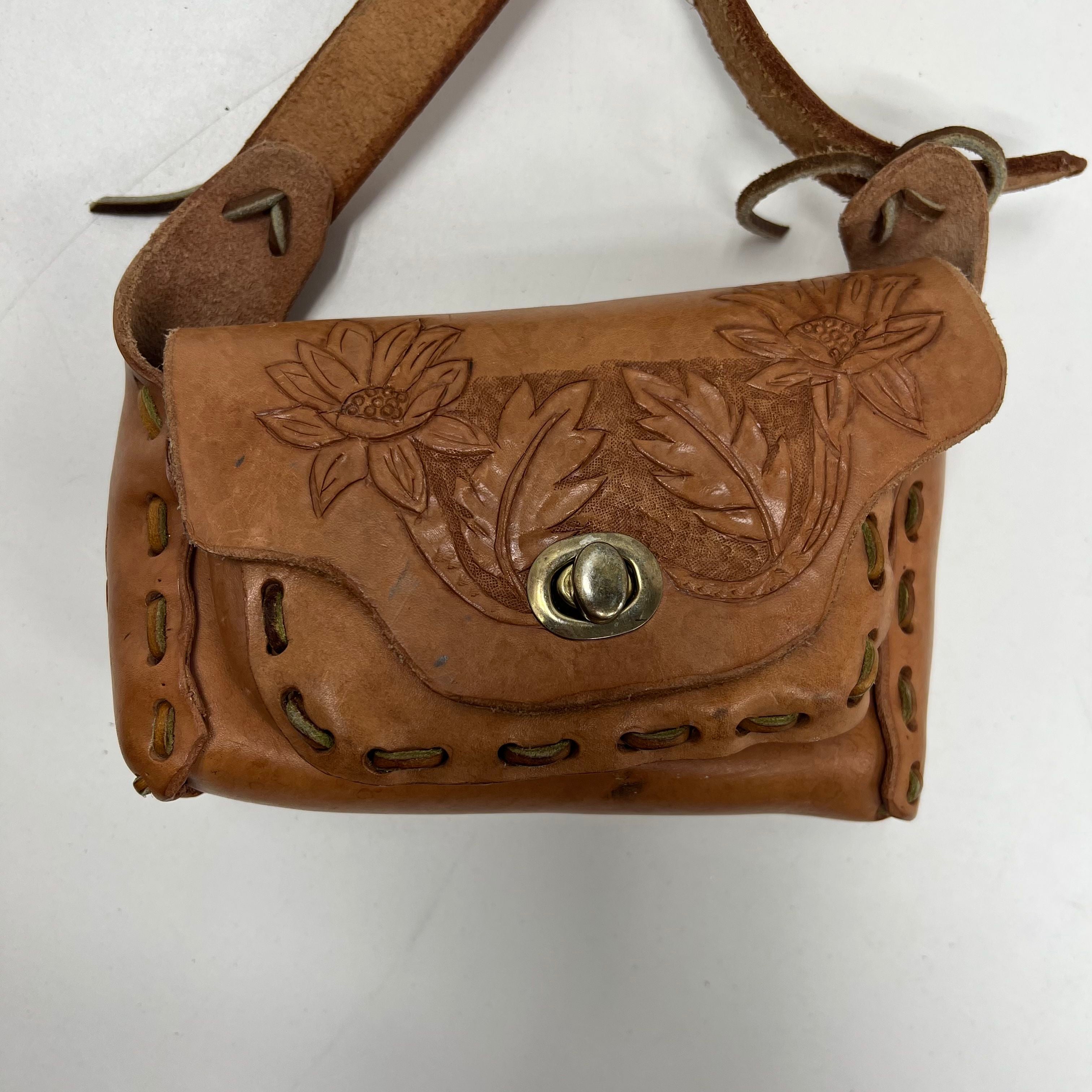 Vintage 70s Tooled Leather Floral Boho Hippie Mini Crossbody Purse Bag Brown