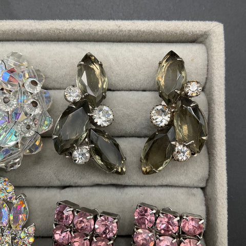 Vintage Sparkly Rhinestone AB Crystal Clip On Earrings Lot 6 Pairs Floral Leaf