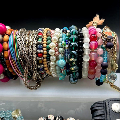 Vintage to Modern Costume Jewelry Bracelet Lot Bangles Beaded Cuffs Boho Mix