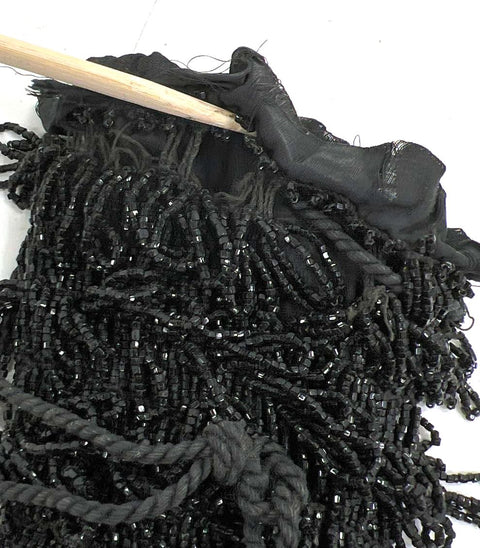Antique Victorian Black Glass Beaded Fringe Tassel Reticule Pouch Evening Bag