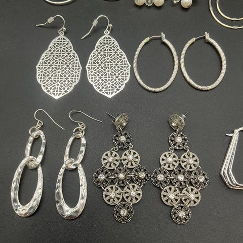 Silver Tone Fashion Earring Lot of 14 Pairs Hoops Chandelier Dangle Styles