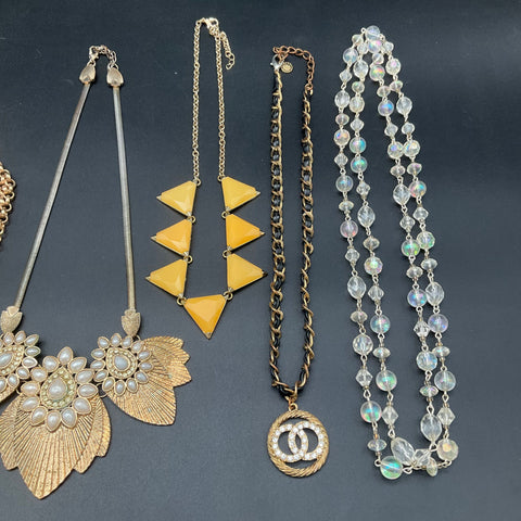 Vintage Statement Necklace Lot of 7 Gold Tone Bib Mesh Beaded Faux Pearl