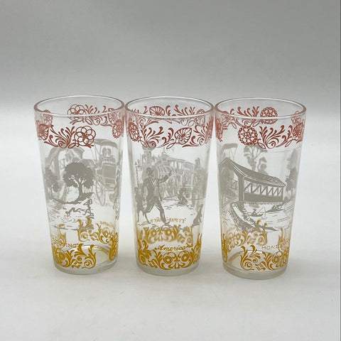 Hazel Atlas Americana Tumbler Set 3 Vintage Mixed Scene Drinking Glasses 5 In