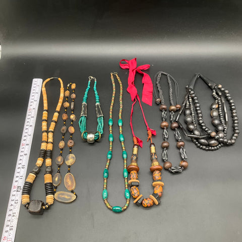 Vintage Boho Tribal Statement Necklace Lot 7pc Wood Bone Beaded Ethnic Designs
