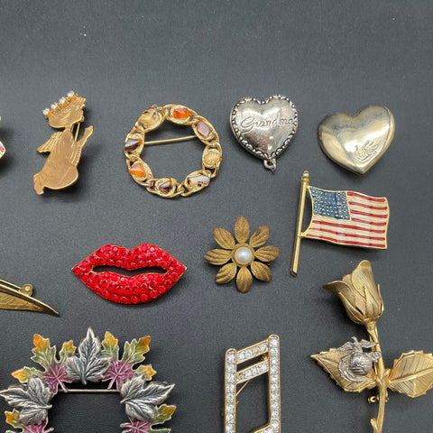 Vintage Rhinestone and Enamel Brooches Pins Jewelry Lot of 20 Patriotic Floral