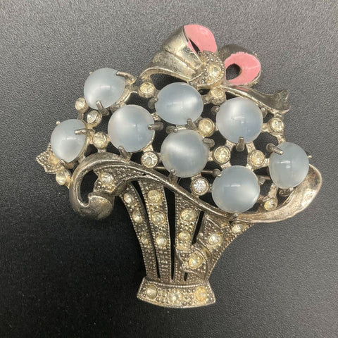 Vintage Retro Pot Metal Faux Moonstone Rhinestone Flower Basket Brooch Pin
