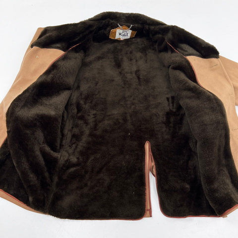 Vintage 70s Woolrich Faux Fur Lined Tan Wool Rancher Car Coat Jacket Sz 44