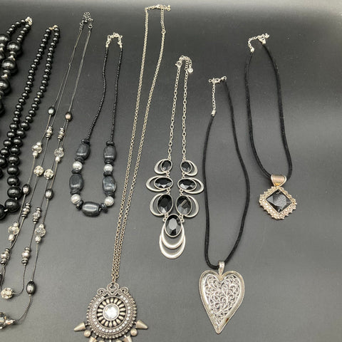 Mixed Costume Fashion Jewelry Lot 11 Necklaces Black Silver Tone Statement