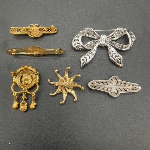 Vintage Victorian Revival Jewelry Lot of 6 Brooches Rhinestone Pearl Gold Tone