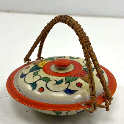 Vintage Japanese Hand Painted Ceramic Lidded Dish Bowl Caddy Wicker Handle 7.25"