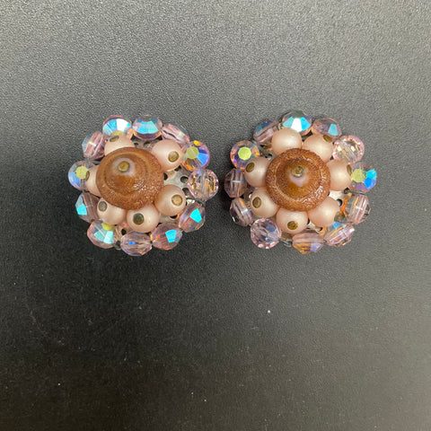 Vintage Lilac Purple AB Rhinestone & Faux Pearl Clip On Earrings Lot of 2 Pairs