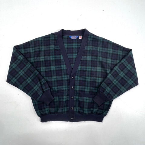 Vintage Pendleton Men's Green Black Watch Plaid Virgin Wool Cardigan Sz XL