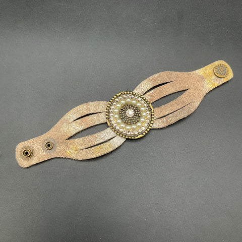 Leatherock Tan Leather Cuff Bracelet Faux Pearl Crystal Medallion USA Made 8.5"