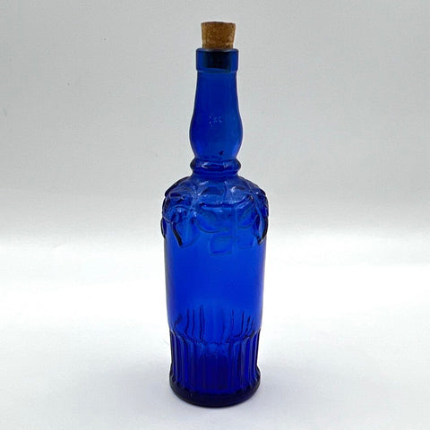 Vintage Cobalt Blue Glass Decorative Bottle Embossed Shoulder Fluted Base