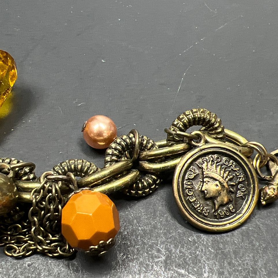 Yellow Brown Beaded Floral Charm Bracelet