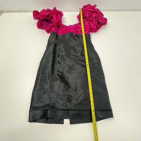 Vintage 80s Cattiva Ruffle Poof Sleeve Prom Party Dress Taffeta Pink Black Sz 10
