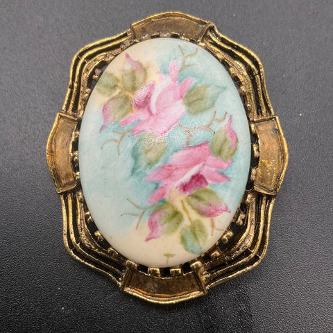 Vintage Hand Painted Floral Porcelain Brooches Gold Tone Filigree Pins Lot of 2