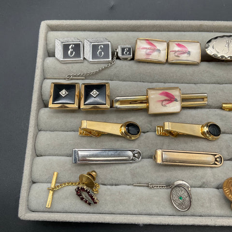 Vintage Men's Costume Jewelry Lot Cufflinks Tie Bars Pins Gold Silver Tone