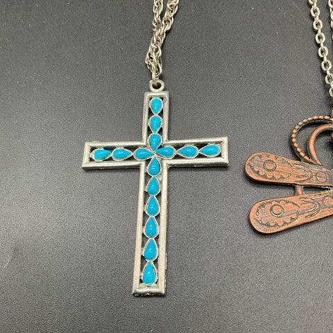 Vintage Boho Southwestern Necklace Jewelry Lot of 3 Cross Dragonfly Pendants