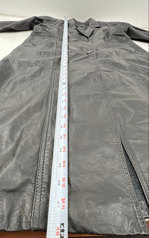 Vintage 90s Bermans Black Leather Long Trench Duster Coat Made in Korea Sz M