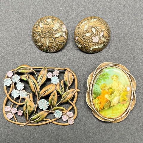 Vintage Costume Jewelry Lot of 10 Necklaces Brooches Rings Caroline Art Nouveau