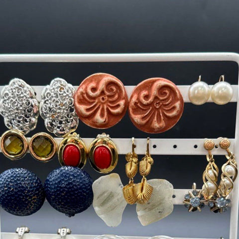 Vintage Retro Clip On Earrings Jewelry Lot 25 Pairs Faux Pearl Rhinestone Gold