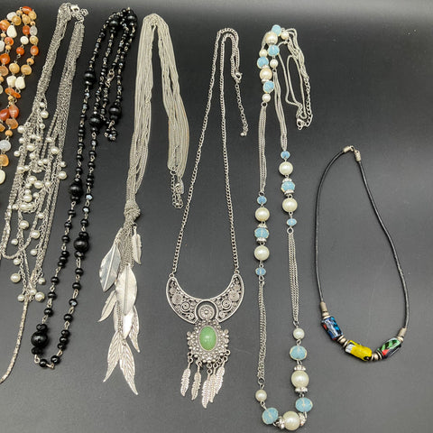 Beaded Faux Pearl Boho Statement Necklace Jewelry Lot of 11 Silver Gold Tone