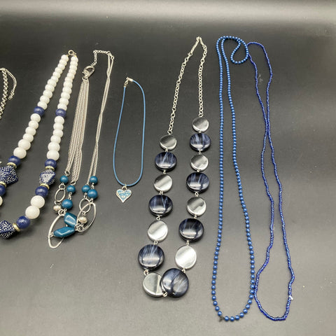 Blue and White Costume Jewelry Necklace Lot of 7 Beaded Silver Tone Boho Bib