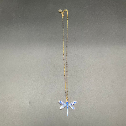 Anne Koplik Blue Enamel Crystal Dragonfly Necklace Brass Tone Made in USA