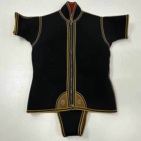 Vintage 70s Men's Black Neoprene Wetsuit Jacket Zip Beaver Tail Diving Top