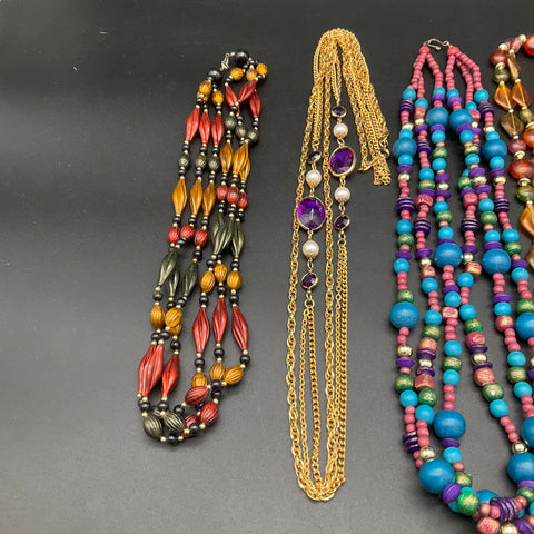 Vintage Statement Jewelry Lot 7 Pieces Multi-Strand Necklaces Clip-On Earrings