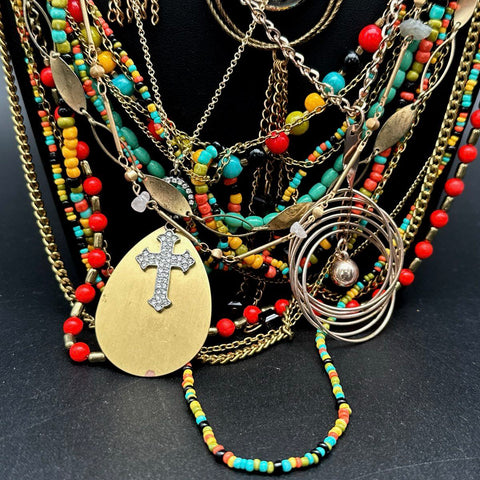 Vintage to Modern Gold Tone Costume Jewelry Lot Statement Necklaces Beaded Boho