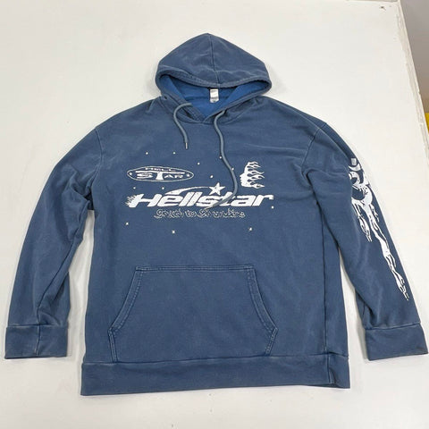 ZZG Men's Blue Faded Washed Streetwear Graphic Pullover Hoodie Sz M