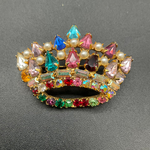 Vintage Crown Brooch Multi-Color AB Rhinestone Faux Pearl UV Reactive