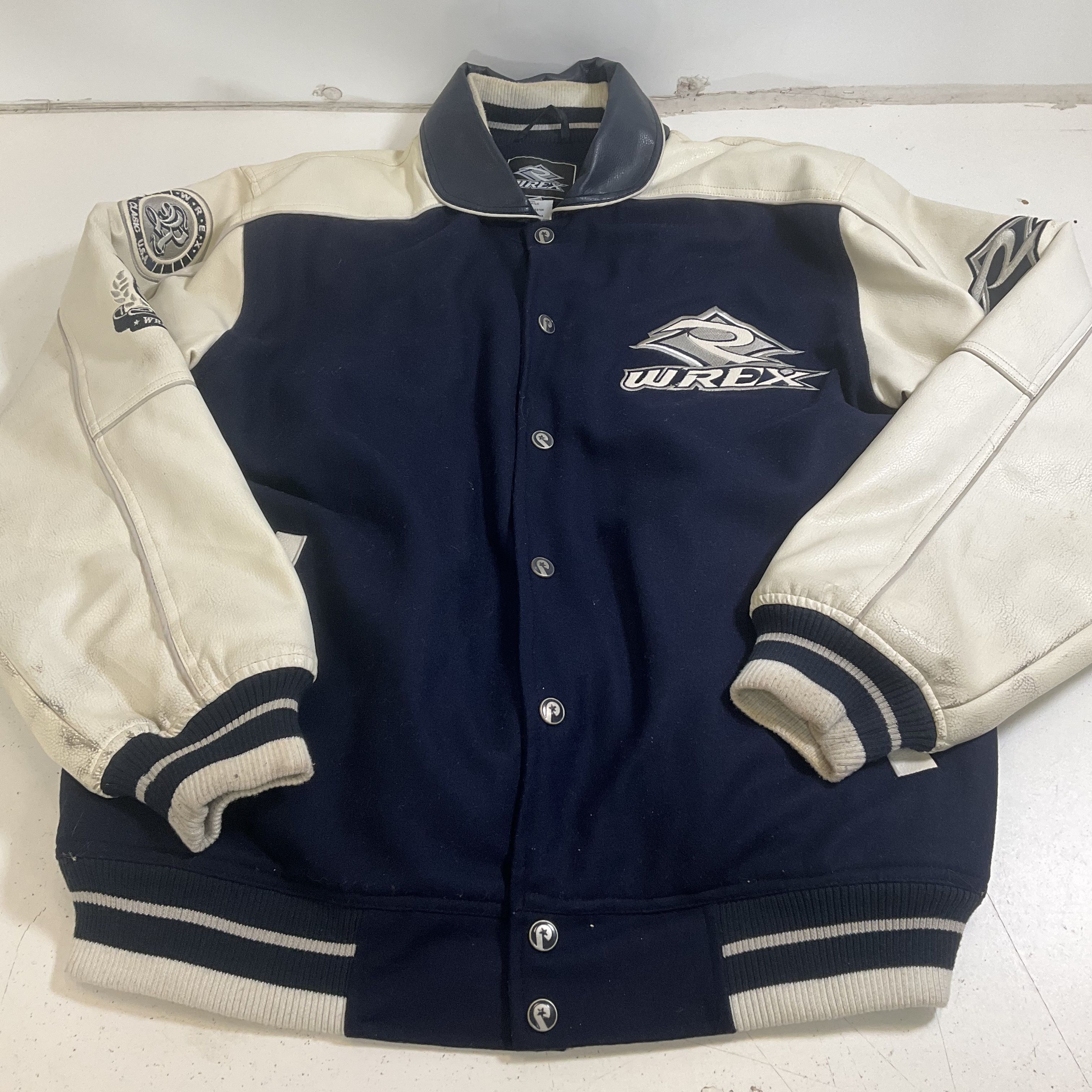 Wrex Men's Navy White Solid Wool Faux Leather Varsity Jacket Size L Vintage