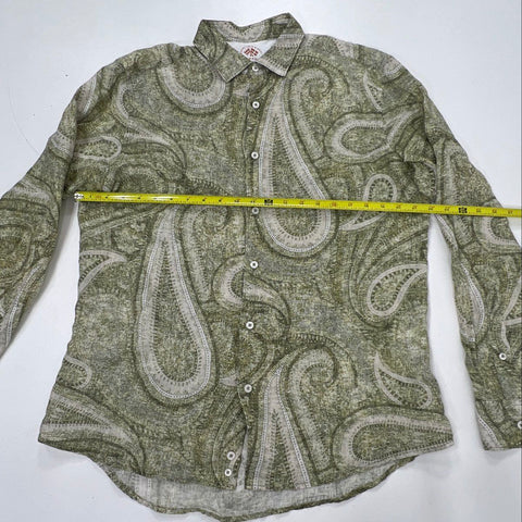 Fradi Men's Green Paisley Linen Long Sleeve Button Up Shirt Italy Sz 16.5