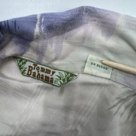 Tommy Bahama Purple Silk Hawaiian Tropical Print Camp Shirt Blouse Women's L