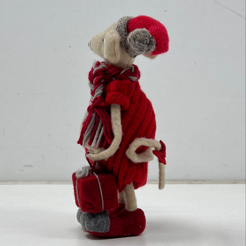 Christmas Rat Figurine Felt Fabric Holiday Decor 10 Inch Red Knitted Outfit